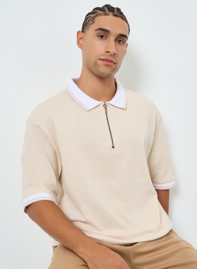 Styli Men Beige Oversize Knitted Polo - Image 5
